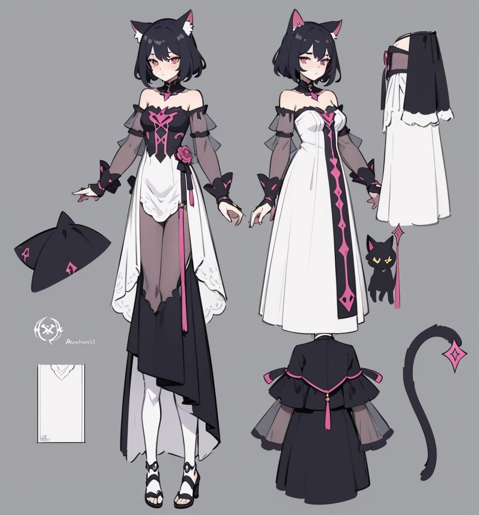 a drawing of a woman in a short skirt and a cat ears, full body adoptable, witchcore clothes, astral witch clothes, lunar themed attire, fullbody commission for, character design : : gothic, character adoptable, outfit design, anime character reference sheet, [ character design ], full body concept, demon noble character design, style of magical girl, full body character design