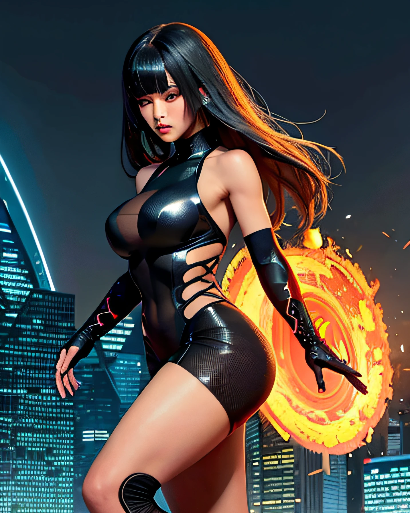 (asian), (8k, raw photo:1.2),(woman), (hyper realistic, depth of field, photo realistic:1.2), (hyper supreme extreme quality beautiful women:1.2), (supreme hyper extreme realistic skin texture:1.2),(masterpiece),(best quality:1.3),(ultra detailed:1.2),(highres:1.1),(extremely detailed CG), masterpiece, best quality, ultra-detailed, (blush:1), detailed background, (fit woman), highlights, detailed body, detailed eyes, (high contrast), solo, BREAK (futuristic ,cyberpunk ,neon lights, screen, outdoors, streets), cybergothic, under streetlight, highly detailed eyes, (mixed color hair), (black hair), (night), thick thighs, standing