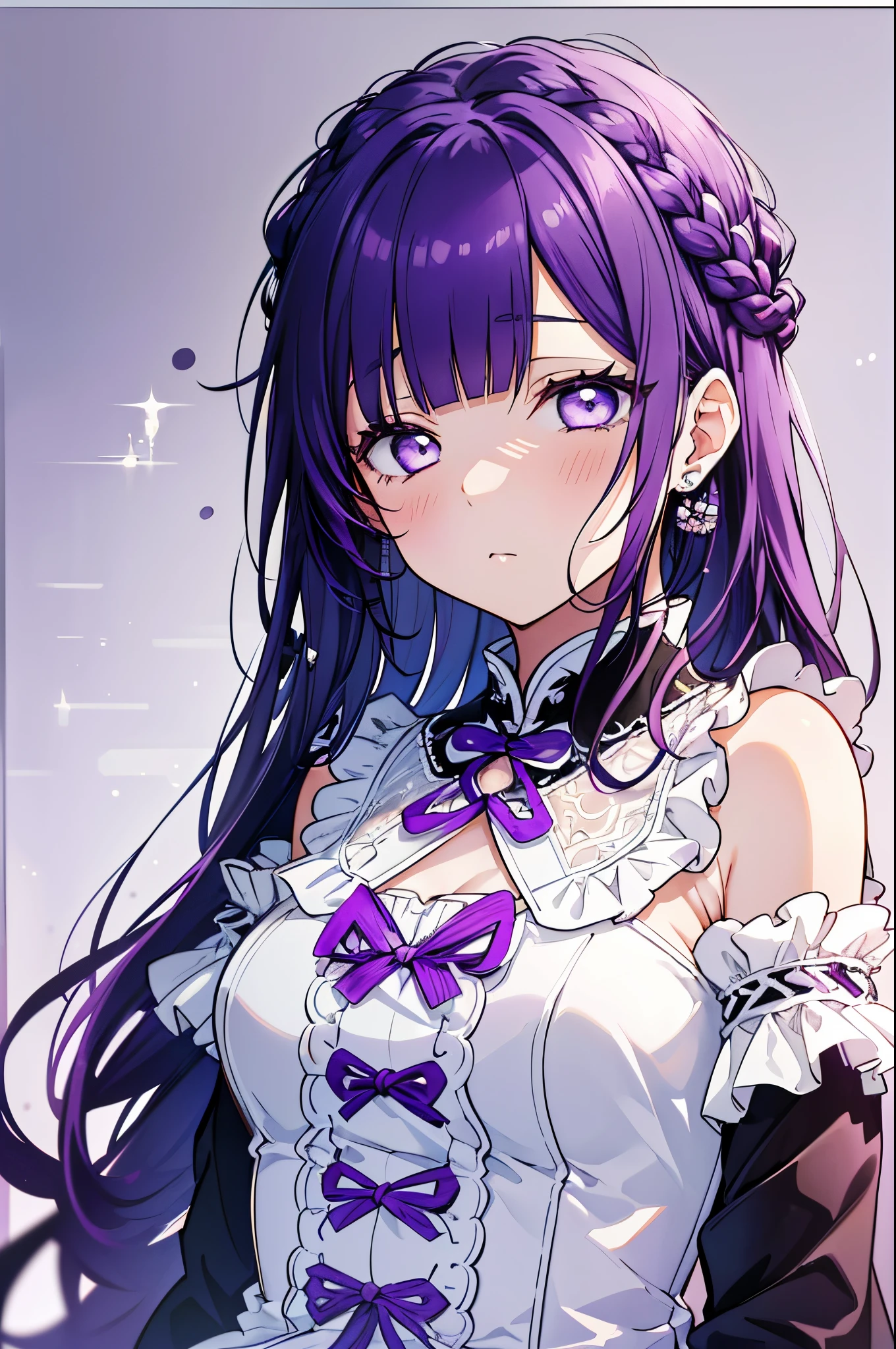 (limited palette), Best Quality, (((masutepiece))), (((beautiful detailed hair))), (((Beautiful detailed skin))), Solo, ***********, Younger, Lori, (((Purple hair))), Purple Eyes, (mascara), Blunt bangs, ((hair over eyes)), Long hair, medium breasts, frilled white dress, white frills, Too much decoration, black and purple cheongsam dress, noble, faithfully, Bride's hair, (((Eye focus))), (((deadpan))), the background is blurred, Empty eyes, blank eye, (Purple Theme), Bedroom background, view the viewer, (((hair tucking))), (((Night))), Semi-closed eyes, close-up, (((hair adornments))), erect body, neatly cut bangs, Braided hair on the back of the head