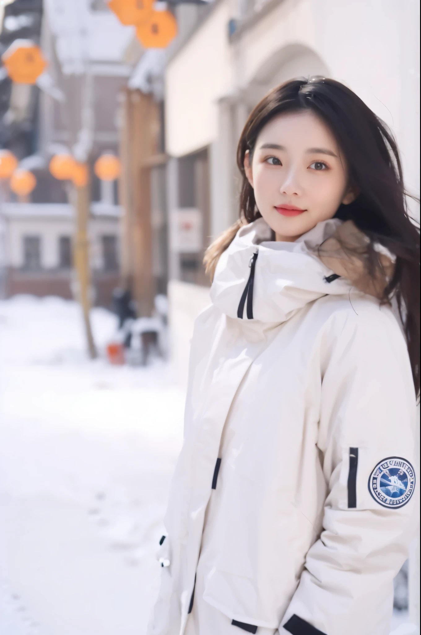 Woman wearing white down jacket standing in the snow, fair skin, 1 girl, cute face, Winters,No leakage,The upper part of the body,High quality