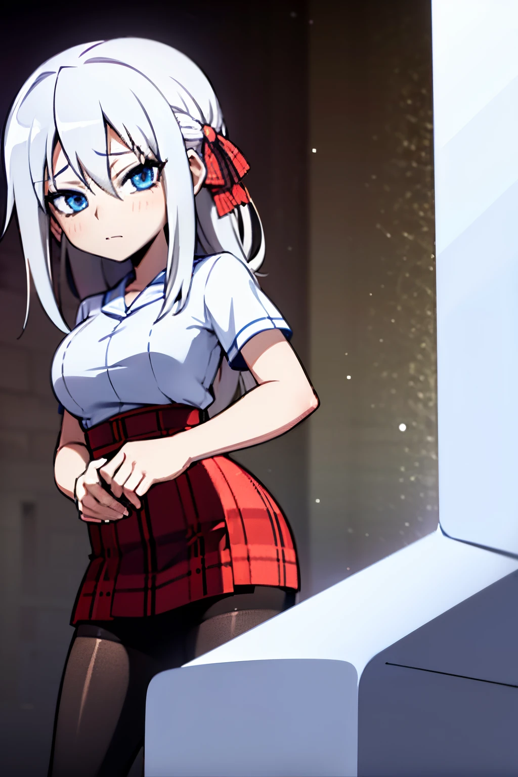 Young girl, white hair, blue eyes, shy face, white japanese student outifts, red plaid skirt, looking at viewer, in a cathedral, dark stmosphere, grey filter, blue vitral in background, white cathedral, 4k, masterpiece, HD