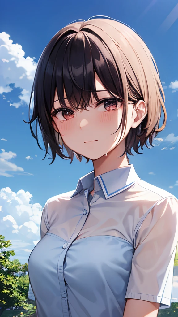 Crying face,Transparent woman,Ōki,short-cut,refreshing,blue-sky
