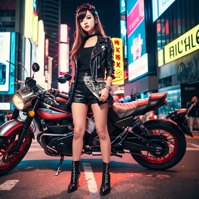 masterpiece, best quality, Confident cyberpunk girl, full body shot, ((standing in front of motorcycle)), Harajuku-inspired pop outfit, bold colors and patterns, eye-catching accessories, trendy and innovative hairstyle, vibrant makeup, Cyberpunk dazzling cityscape, skyscrapers, neon signs, LED lights, bright and vivid color scheme, anime, illustration, detailed skin texture, detailed cloth texture, beautiful detailed face, intricate details, ultra detailed.