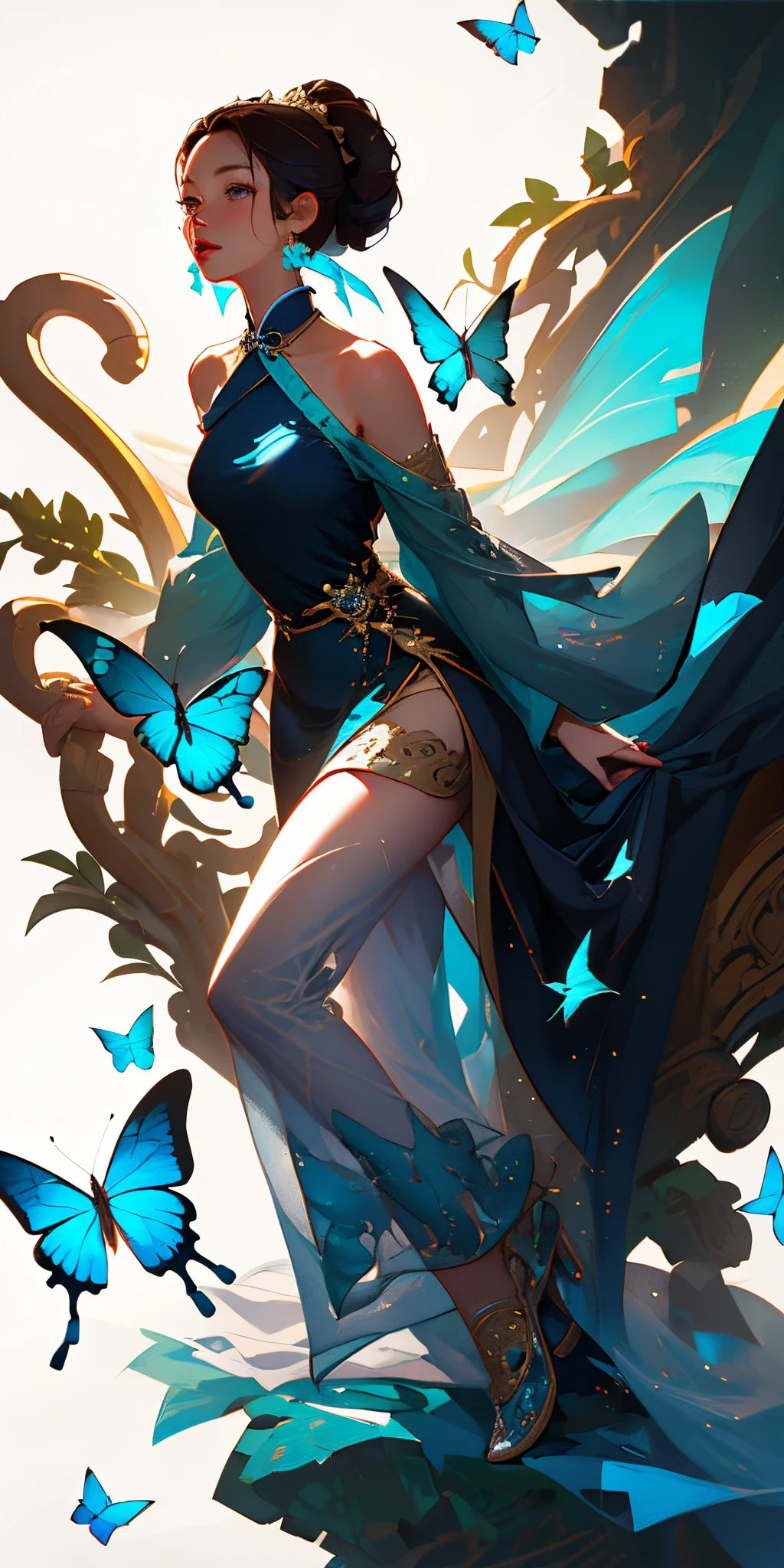 Delicate facial features，Clear face，clean the forehead，antique coiled hair，Antique Hair Accessories，one word suit，masutepiece，Beautiful facial features，beautiful blue dress，Leprechaun，elvish，There is a woman wearing a long dress surrounded by butterflies., Conservative one-shoulder outfit with sparkling blue butterflies, butterflies floating in the sky, butterflys,Butterflies Flying, inspired by Ross Tran, loish and ross tran, butterfly, ethereal wings, Butterfly wings，Highest image quality，a chair，antique coiled hair，One-shoulder Tang Dynasty Costume Ancient Chinese Costume， white forehead hair，rays of sunshine， Clear face， Clean white background， tmasterpiece， super detailing， epic composition， hyper HD， high quarity， ighly detailed， offcial art， uniform 8k wallpaper， super detailing， 32K，