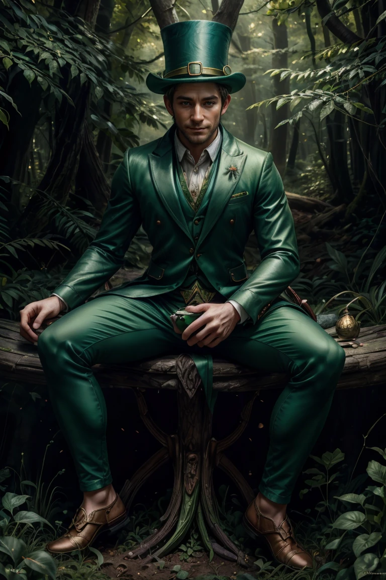 painting of a leprechaun sitting in a forest, smiling, wearing a green top hat, sensual digital painting, master piece, full body, by chunie, by darkgem:0.8, Detailed background, ((full body)), 35mm lens LanceMen, Luthien, ((a stunning portrait of a God)), Frank Kelly Freas, Karol Bak Style, ((gorgeous face)), Ultra Definition, Best Quality, 32k ultra, Ultra HD
