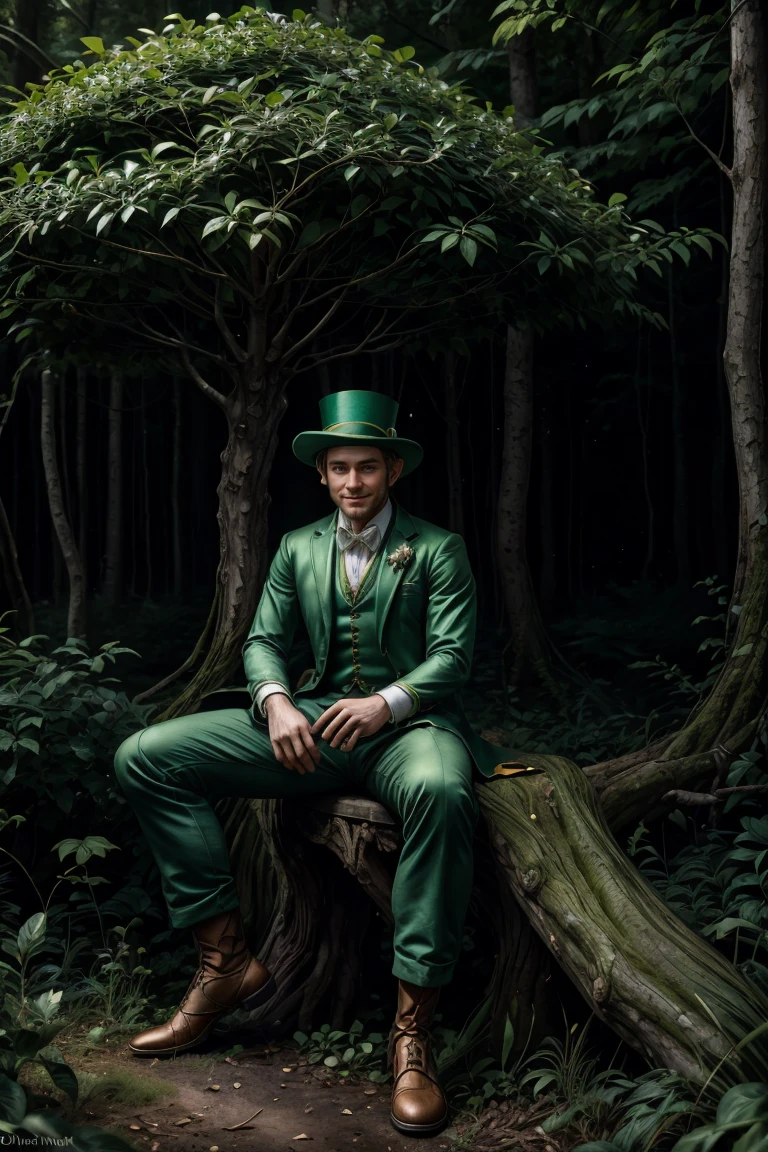 painting of a leprechaun sitting in a forest, smiling, wearing a green top hat, sensual digital painting, master piece, full body, by chunie, by darkgem:0.8, Detailed background, ((full body)), 35mm lens LanceMen, Luthien, ((a stunning portrait of a God)), Frank Kelly Freas, Karol Bak Style, ((gorgeous face)), Ultra Definition, Best Quality, 32k ultra, Ultra HD