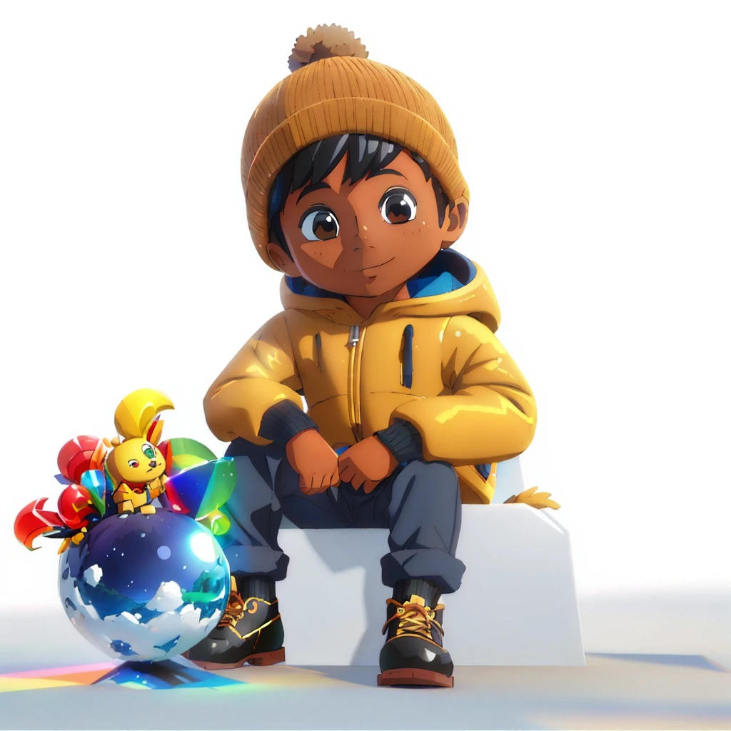 um (( 4 anos de idade)), ((pele morena clara)), vestindo um traje de inverno, intrincado, elegante, foco claro,  sentado em um banco coberto de neve, promotional render, animation character, official illustration, Personagem 3D, Personagem 3D, Foto do perfil, Arte Oficial, 3 d animated movie, Arte Oficial, award winning animation, animated film, official rendering, Arte Promocional, Personagens 3D, arte conceitual do meninoiro, 3D estilizado