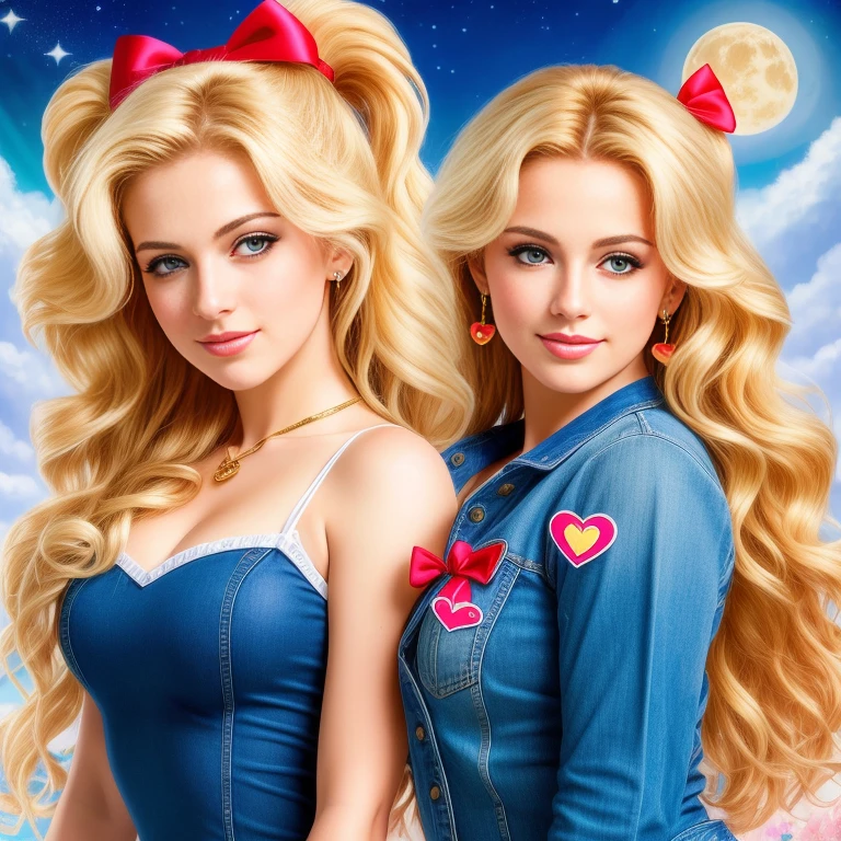 (best quality, RAW, extremely detailed, 4k,8k,high res,masterpiece:1.2),ultra-detailed, photorealistic, full body shot,golden blonde wavy hair,Mature and beautiful, realistic portrayal:1.2 Sailor Moon posing for a photoshoot, dressed up in jeans. The backdrop is full of moons & hearts