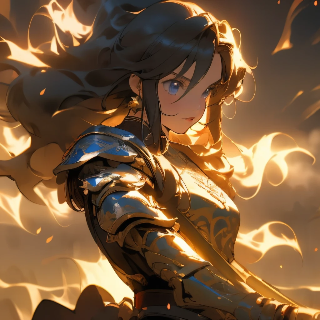 a girl with a sword in her left hand, a spear in her right hand, anime style, colorful, vibrant colors, strong highlights and shadows, flowing hair, intense action, detailed eyes and lips, dynamic pose, dramatic lighting, intricate details, high-resolution artwork, sharp focus, vivid and realistic style, fantasy setting, dynamic background, detailed armor, powerful expression