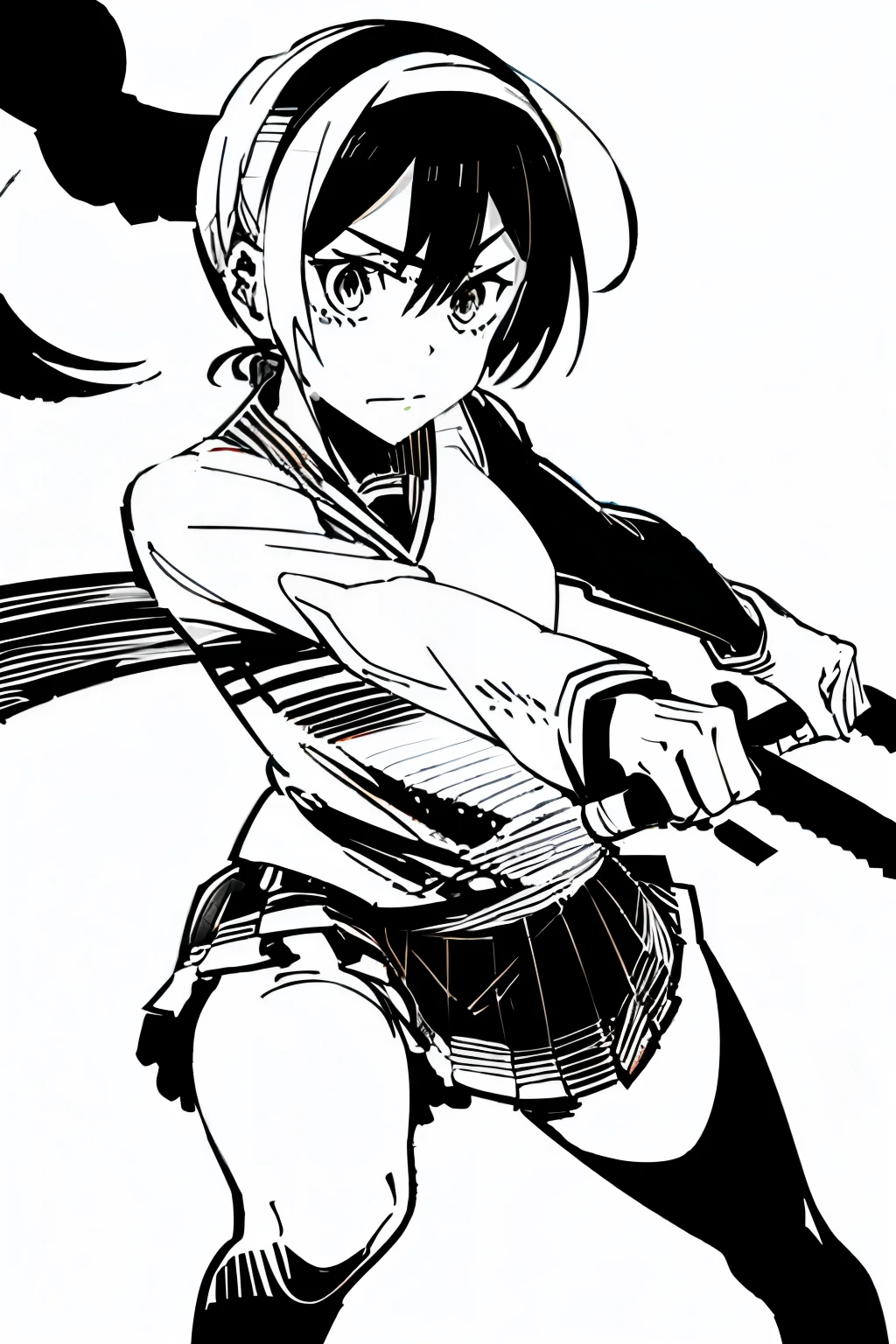 pens_sketch_Style、1girl in、独奏、monotone、inky、Sketched、Dynamic Pose、校服、action、