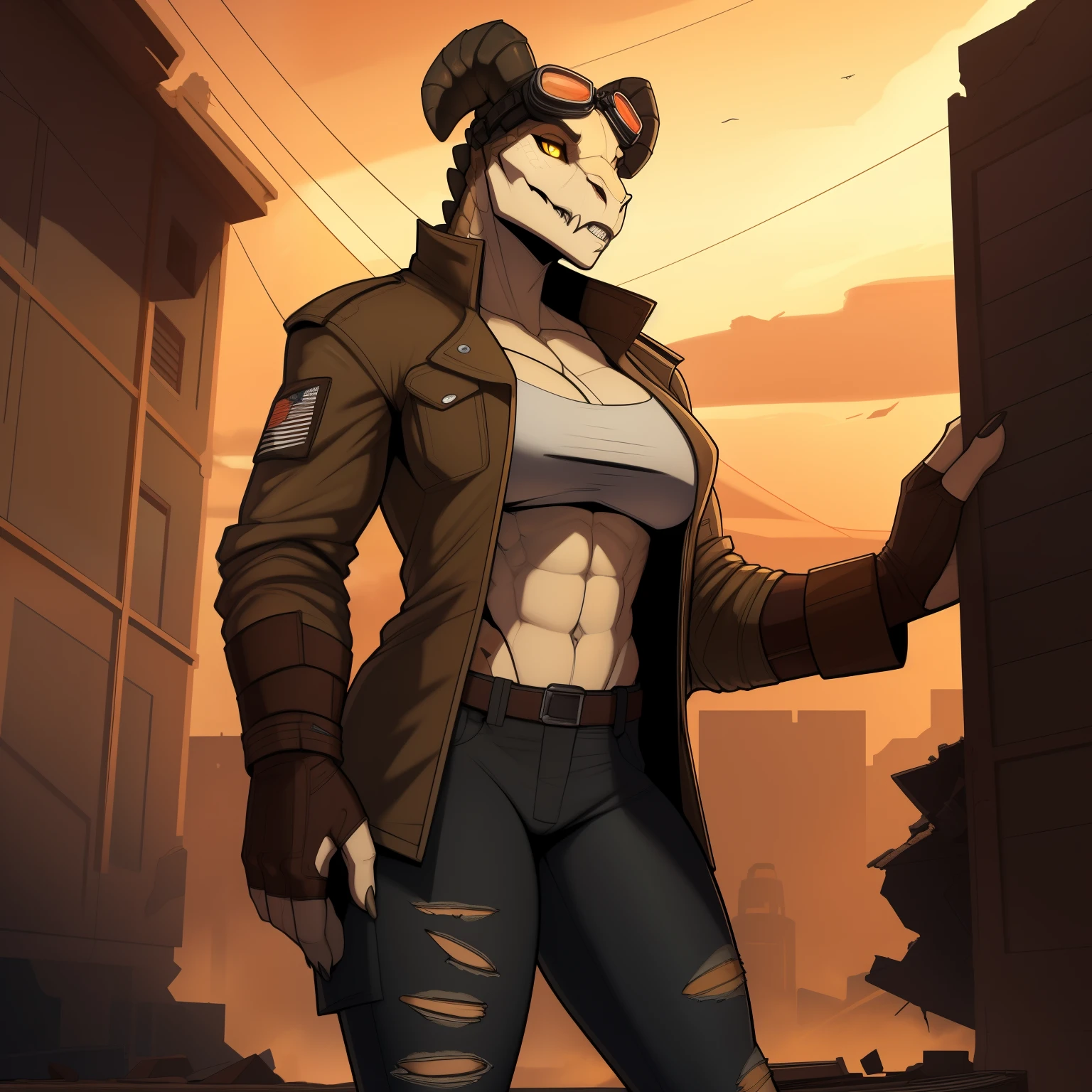 Tall_lanky_muscular_deathclaw female dark_beige_scaled_body spotted_scales yellow_eyes solo Masterpiece best_quality absurdres highly_detailed cleanly_drawn_eyes anthro_only by_claweddrip, by_greasymojo, by_underscore-b, by_runawaystride ripped_cargo_pants ripped_undershirt torn_leather_longcoat fingerless_gloves goggles destroyed_building heavy_dust_storm