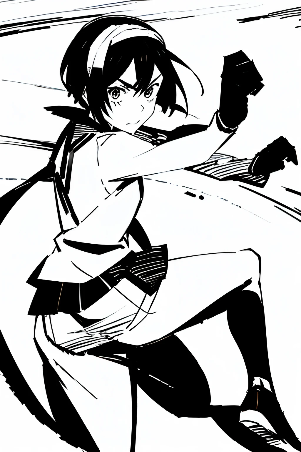 pens_sketch_Style、1girl in、独奏、monotone、inky、Sketched、Dynamic Pose、校服、action、
