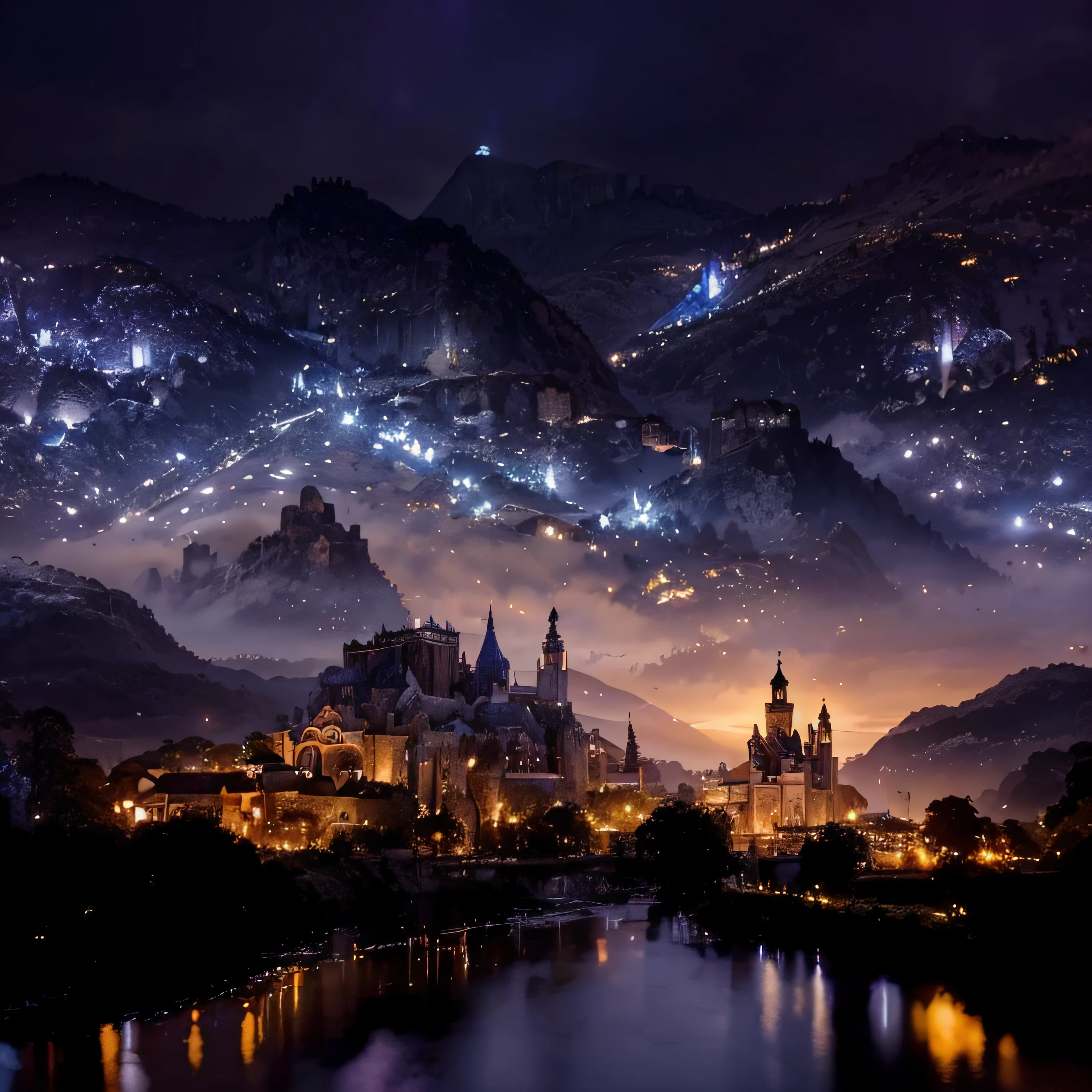 ((Best quality)), ((masterpiece)), (highly detailed:1.3), 3D, Make candles, an ancient and magical fantasy city, com um gigantesco castelo, many lights in a night scene, with tall, elegant buildings, ruas pavimentadas com pedras brancas e uma grande ponte que atravessa o rio. The city is surrounded by mountains and forests, and is known for its beauty and tranquility