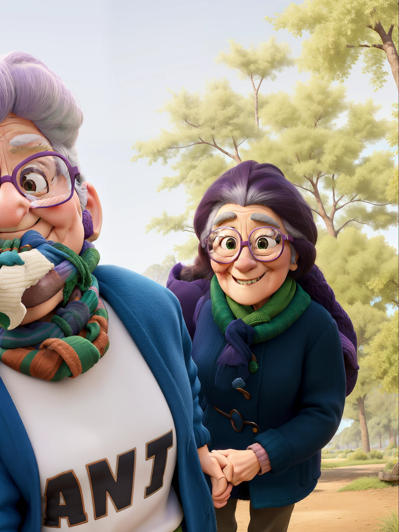 masterpiece, best quality, an old woman with glasses and a scarf on, wearing a purple coat and green scarf, standing at the park