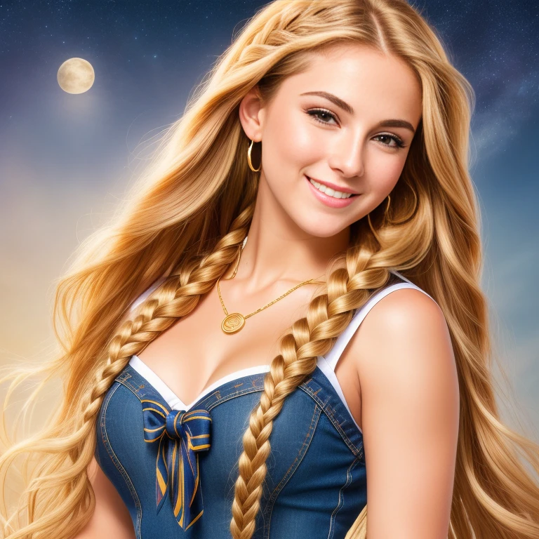 (best quality, RAW photography, extremely detailed, 4k,8k,high res,masterpiece:1.2),ultra-detailed, photorealistic, full body shot,golden bronde hair in braids Mature and beautiful, realistic portrayal:1.2 Sailor Moon smiling posing for a photoshoot, dressed up in jeans. The backdrop is full of moons