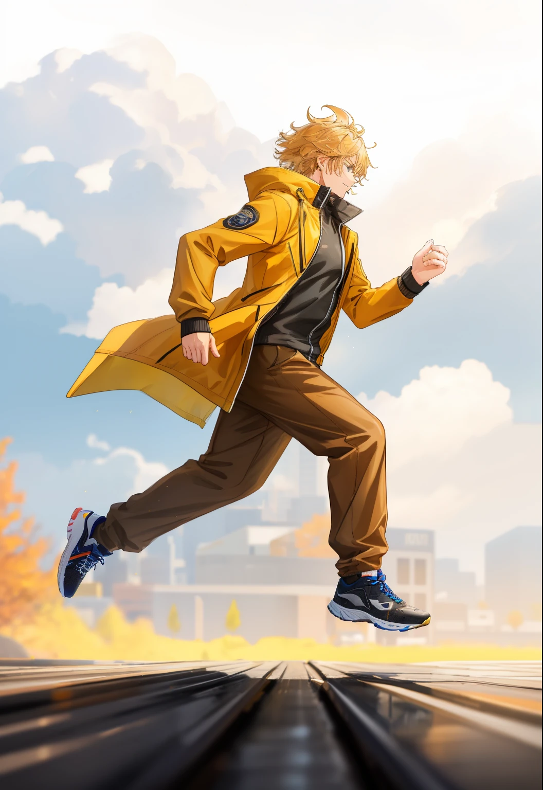 a man running left to right, running pose, dynamic active running pose, running freely, blonde hair, messy hair, black joggers, unzipped yellow coat, windy, autumn, sideview, realistic, best quality, detailed, no background, no blur, view from the side, full body shot, sharp, focused, coat blowing in the breeze, realistic, detailed hands, detailed face, wet clothes