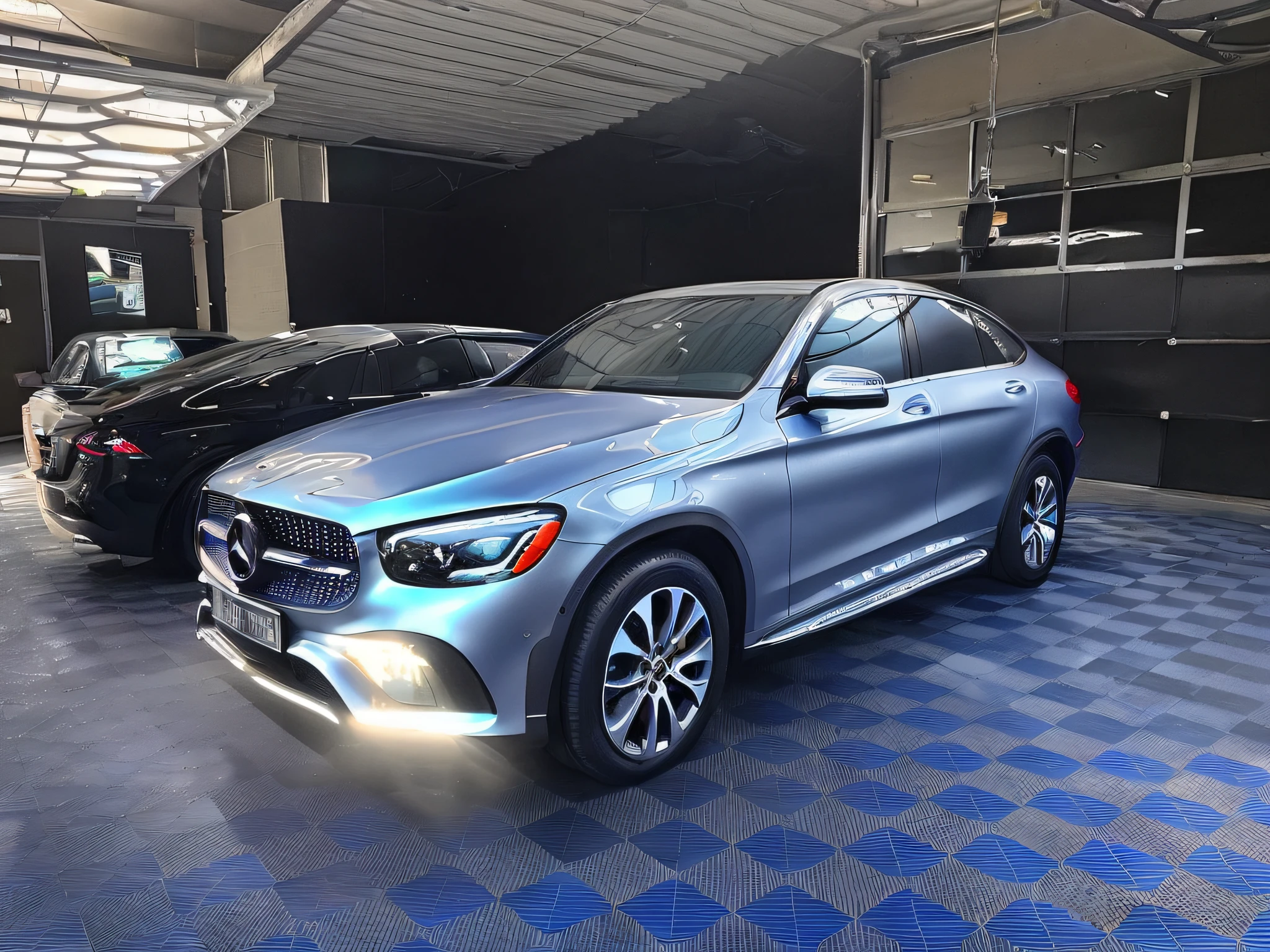 view of the blue Mercedes SUV, parked in the garage, 2 0 % Pearlescent detailing, matte blue, Mercedes, Mercedes Benz, Shot on iPhone 14 Pro, Shot on iPhone 1 3 Pro, front side full, Shot on iPhone 1 3 Pro, Complete device, front facing, 🤬 🤮 💕 🎀, Front profile