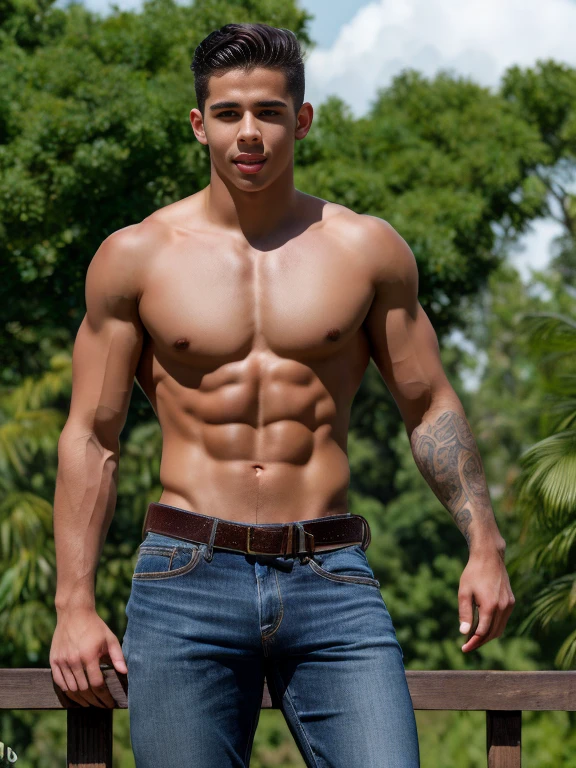 In the artistic style of JC Leyendecker. FULLBODY, Front view, Plano amplio, desnudo, superrealista, superdetallado, a 20 year old young latino man, Lenguaje corporal de liderazgo, sin ropa, Montando un caballo blanco, Perfect anatomy, joven,hermosos pies Mirando fijamente al espectador, cuerpo delgado muy delgado, detailed muscles, brown hair, Sonrisa oculta, Peaceful look, Bonita sonrisa, Aspecto masculino, a plantation house behind, Kali, algodonal