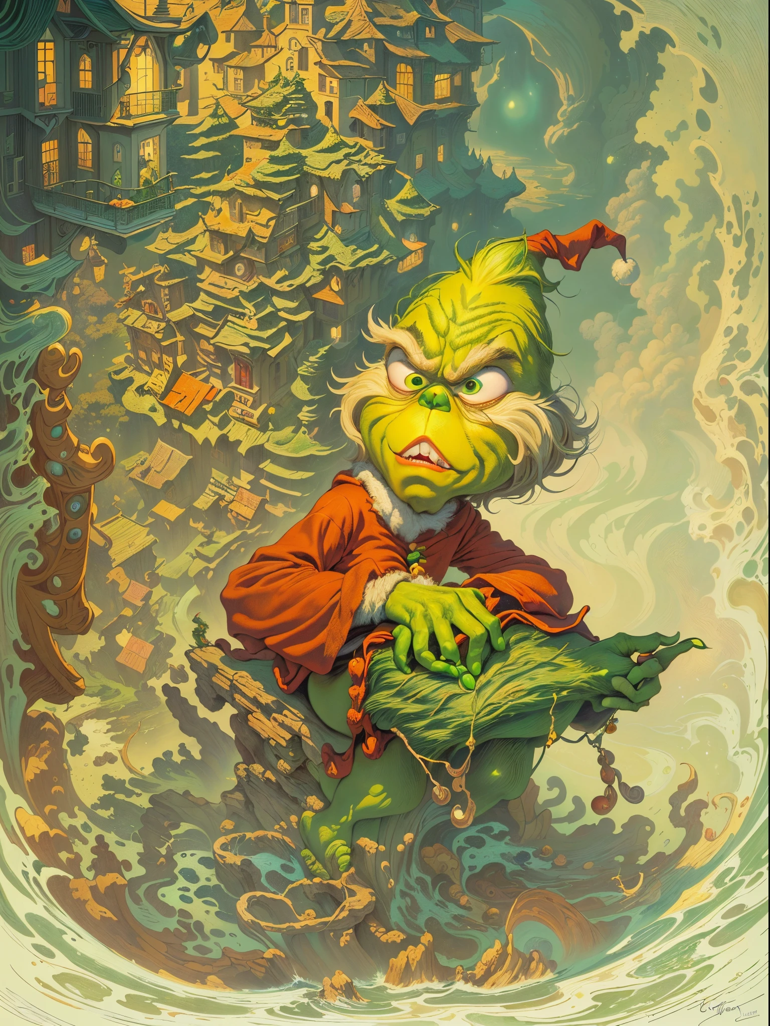 ((best quality)) , ((masterpiece)) , ((realistic)) , (fantasy art),cartoon art by Pendleton Ward and (Victo Ngai:1.0) and Johannes Vermeer, surrealism art, Painting, Colouring sheet, (grinch:1.2) , FOV 90 degrees, Realistic, Romanesque, Side lighting, Offset print, 64K