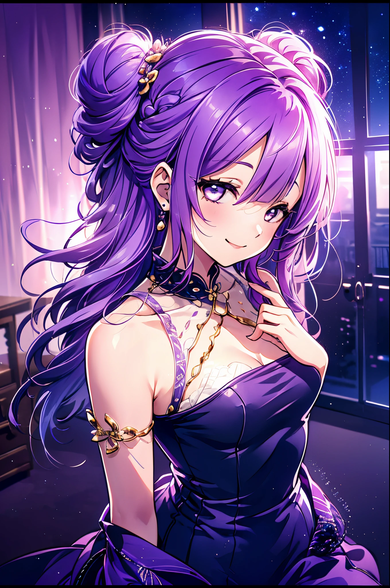 (limited palette), Best Quality, (((masutepiece))), (((beautiful detailed hair))), (((Beautiful detailed skin))), Solo, , Younger, Lori, (((Purple hair))), Purple Eyes, (mascara), Blunt bangs, ((hair over eyes)), Long hair, pink hair mixed in、meshing、medium breasts, frilld, Bun、white bun cover、white frills, Too much decoration, Black cheongsam, noble, faithfully, Bride's hair, (((Eye focus))), (((a smile))), the background is blurred, Empty eyes, blank eye, (Purple Theme), Bedroom background, view the viewer, (((hair tucking))), (((Night))), Semi-closed eyes, close-up, (((hair adornments))), erect body, neatly cut bangs