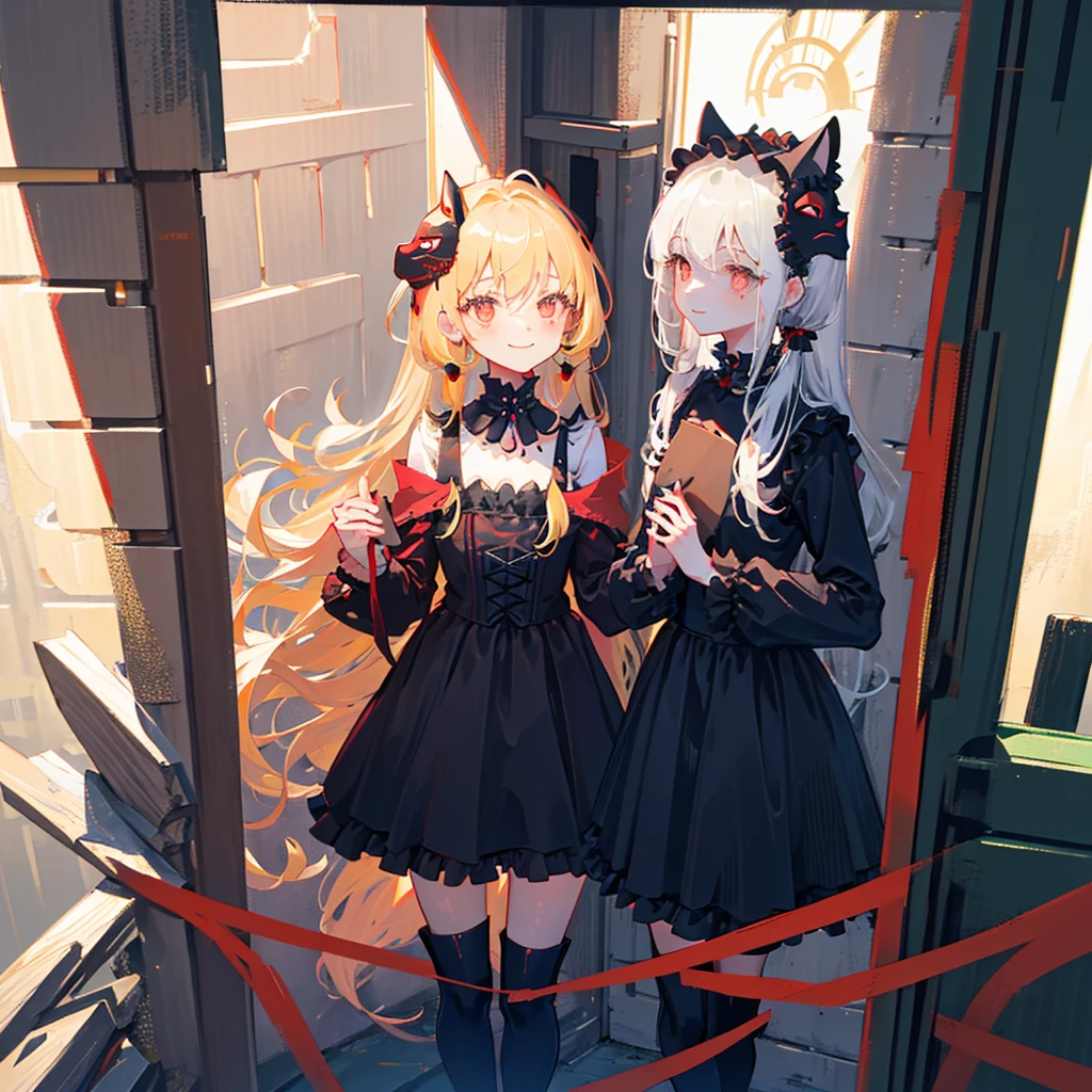 1girl in,bustup,Golden hair,poneyTail,Red eyes,a smile,Petite girl,Lori,ta,Gothic loliospan,gothic punk style,Black miniskirt,Shoulder Fashion,Fun,jolly,Fox mask,Soft,Fan in hand,