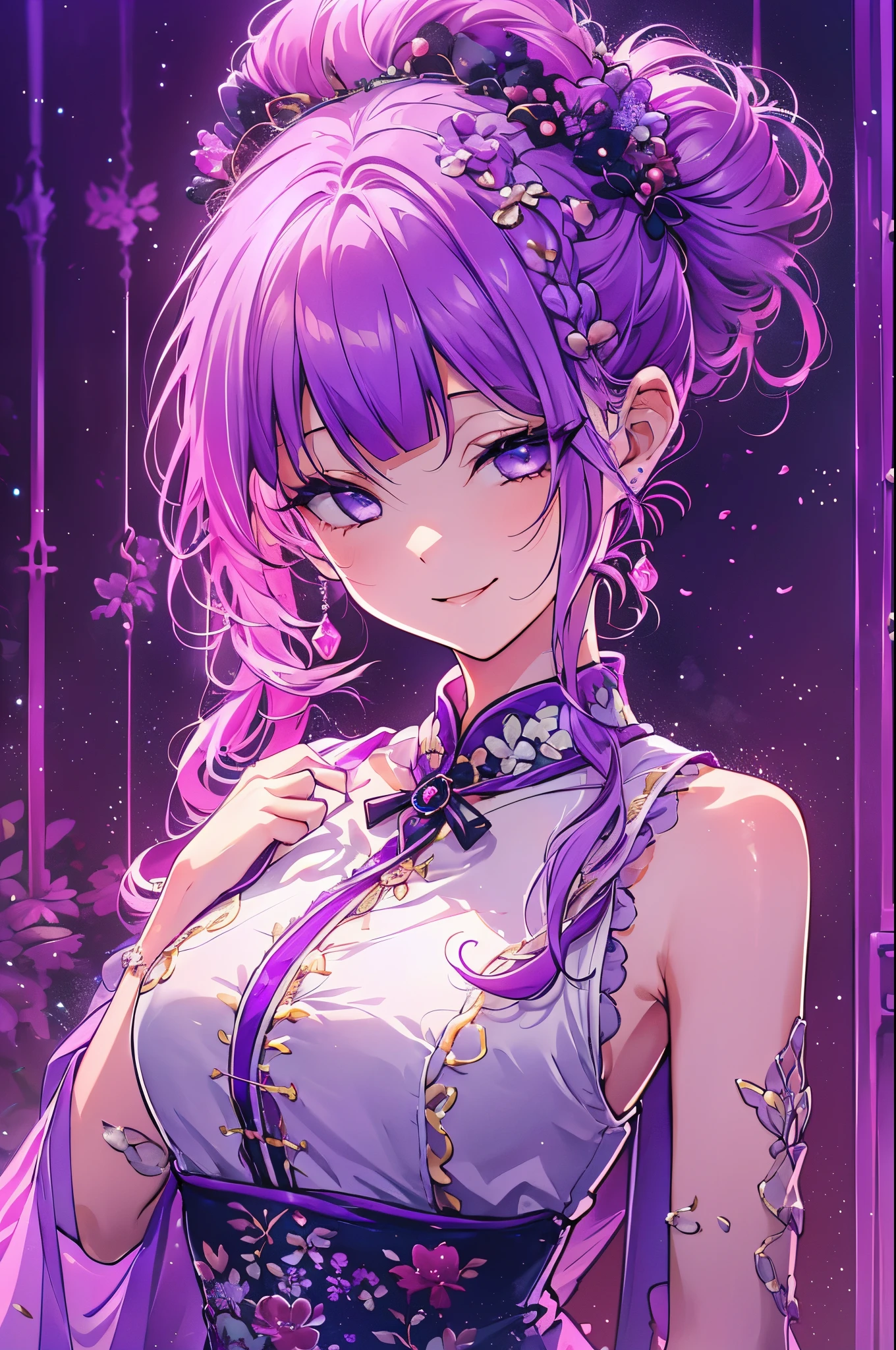 (limited palette), Best Quality, (((masutepiece))), (((beautiful detailed hair))), (((Beautiful detailed skin))), Solo, ***********, Younger, Lori, (((Purple hair))), Purple Eyes, (mascara), Blunt bangs, ((hair over eyes)), Long hair, pink hair mixed in、meshing、medium breasts, frilld, Bun、white bun cover、white frills, Too much decoration, Black cheongsam, noble, faithfully, Bride's hair, (((Eye focus))), (((a smile))), the background is blurred, Empty eyes, blank eye, (Purple Theme), Bedroom background, view the viewer, (((hair tucking))), (((Night))), Semi-closed eyes, close-up, (((hair adornments))), erect body, neatly cut bangs