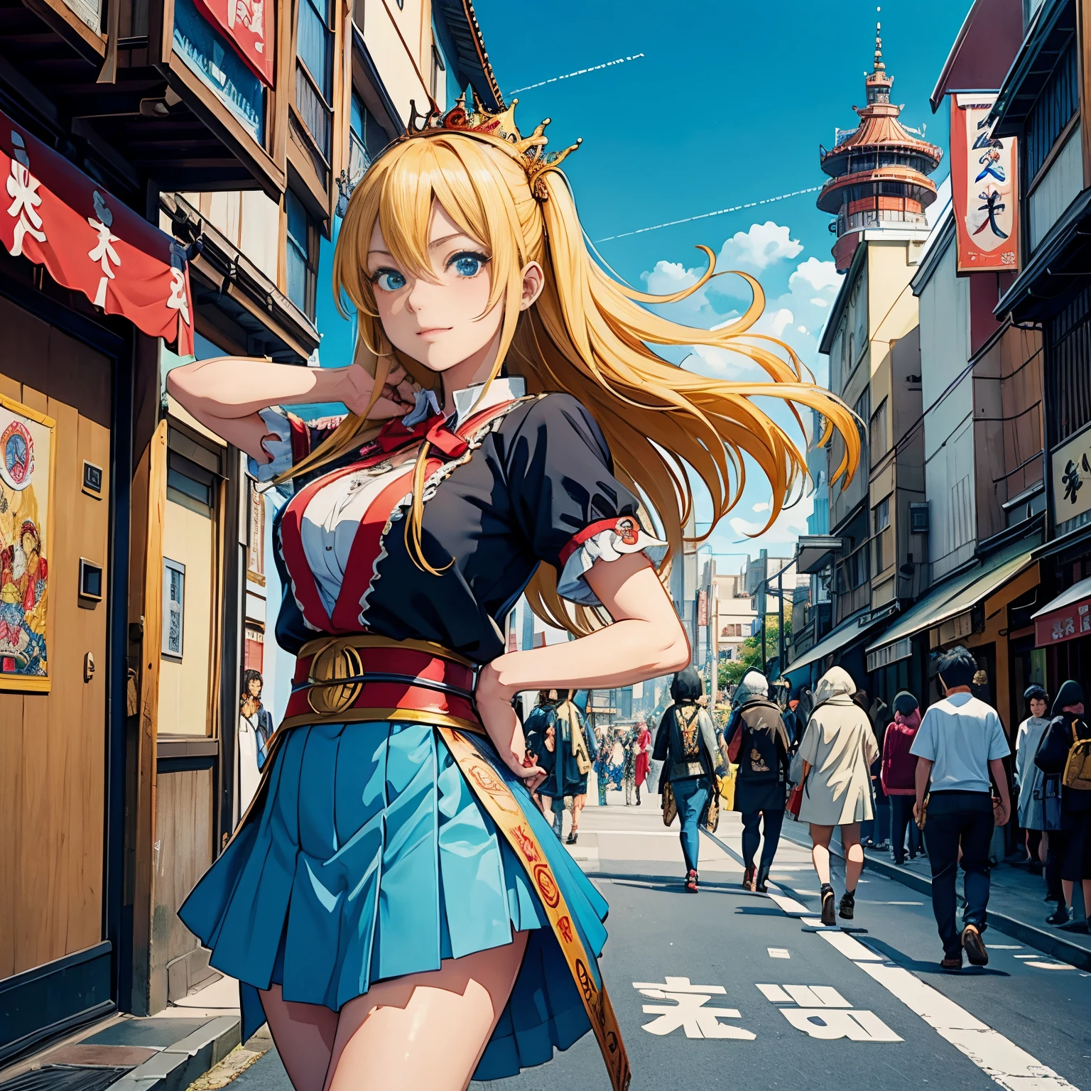 Eiichiro Oda, Hiromu Arakawa, Jean Giraud, Surreal, mysterious, bizarre, fantastical, fantasy, Sci-fi, Japanese anime In the streets of Asakusa Alice, a beautiful blonde mini-skirt girl happily dancing samba in Asakusa. Dancing with her are the General, King Kong, Count Dracula, Peter Pan, and the Fairy Queen. I'm happy. Fun, lively, festive surroundings, attracting attention, detailed masterpiece colour hand drawings