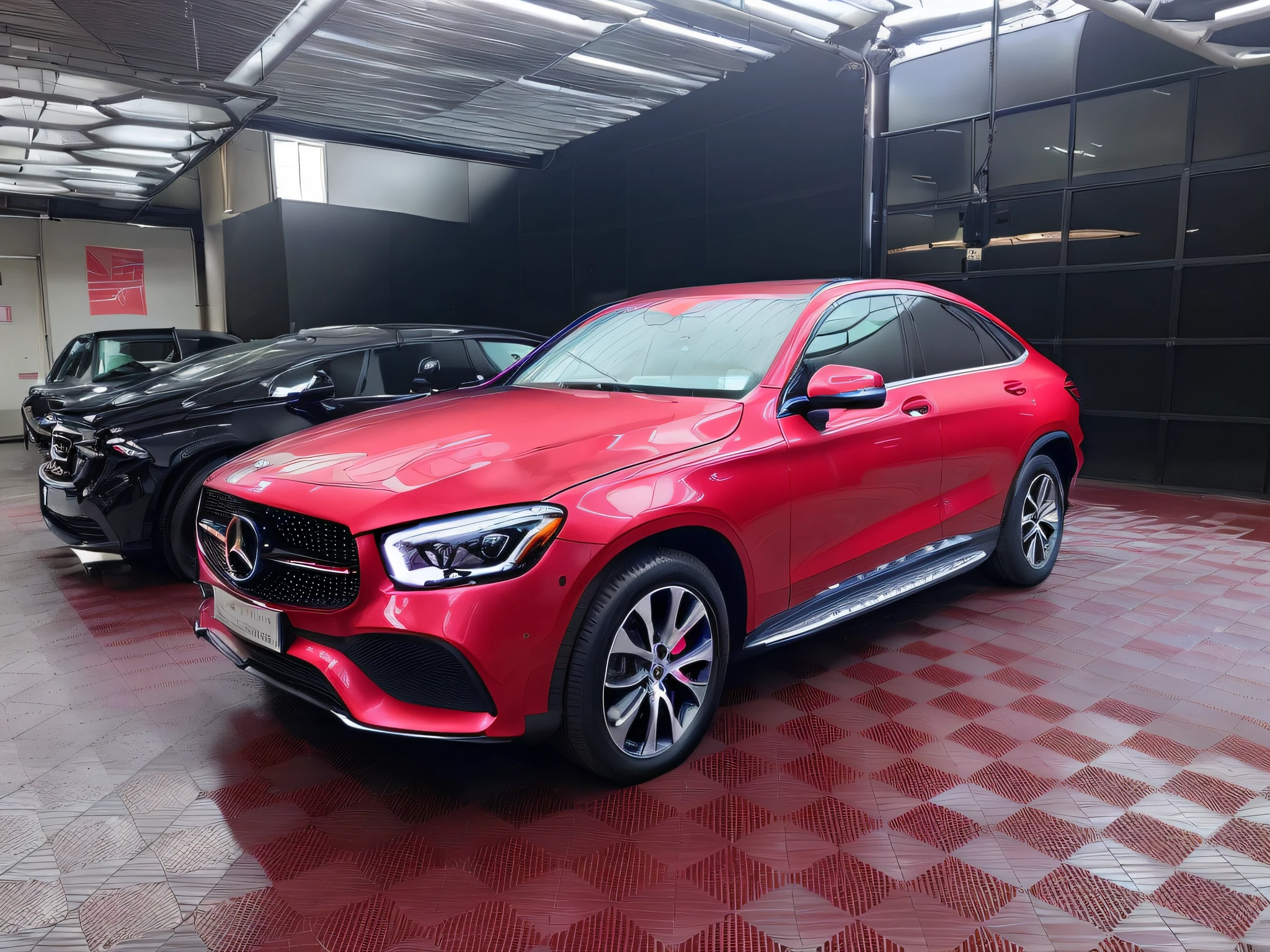 view of a red Mercedes SUV, parked in the garage, 2 0 % Pearlescent detailing, glossy soft blue m., Mercedes, Mercedes Benz, Shot on iPhone 14 Pro, Shot on iPhone 1 3 Pro, front side full, Shot on iPhone 1 3 Pro, Complete device, front facing, 🤬 🤮 💕 🎀, Front profile