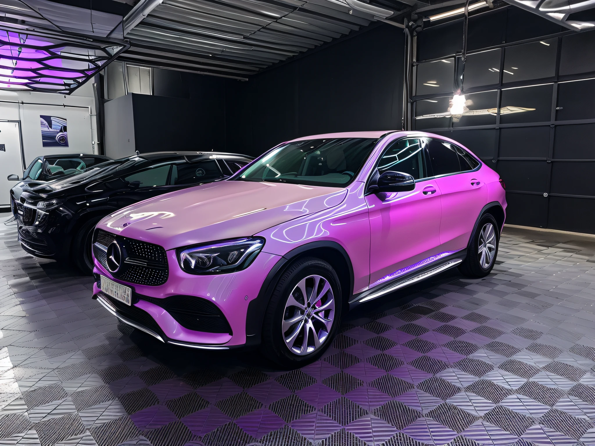 view of the purple Mercedes SUV, parked in the garage, 2 0 % Pearlescent detailing, Glossy white, Mercedes, Mercedes Benz, Shot on iPhone 14 Pro, Shot on iPhone 1 3 Pro, front side full, Shot on iPhone 1 3 Pro, Complete device, front facing, 🤬 🤮 💕 🎀, Front profile