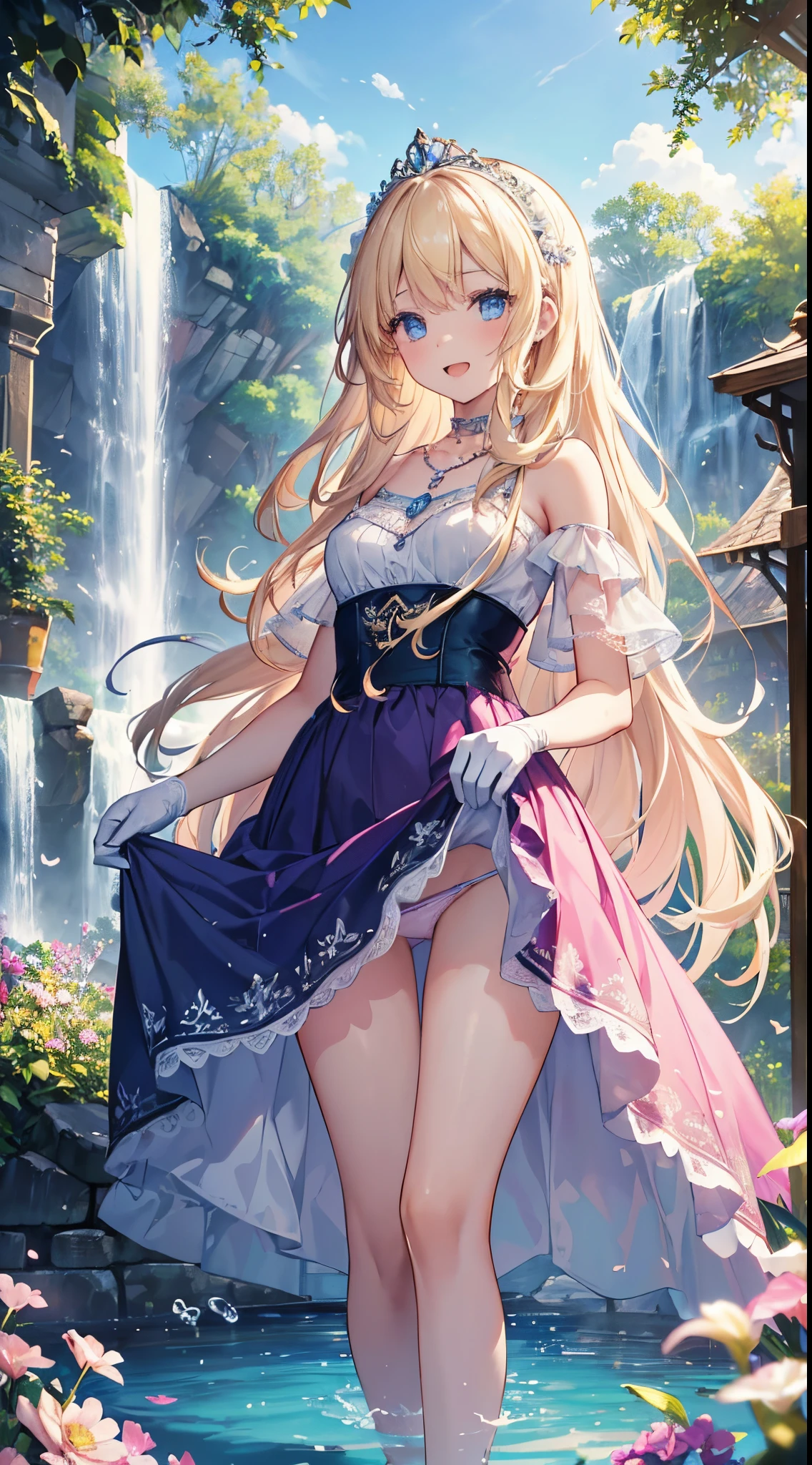 (8k, RAW photo), best quality, (masterpiece:1.2), highly detailed, day, outdoors, (beautiful and clear background:1.2), 1girl, solo, latifa fleuranza, open mouth, happy, smile, looking at the viewer, blonde hair, long hair, very long hair, blue eyes, (finely detailed beautiful eyes: 1.2), (tiara, pink dress, bare shoulders, gown, necklace, gloves), ((theme park)), (boat ride, bathing, wet, pond, water, water fall, water splash, plants, tree, lantren), flat chest, (((lift skirt, white lace panty))),