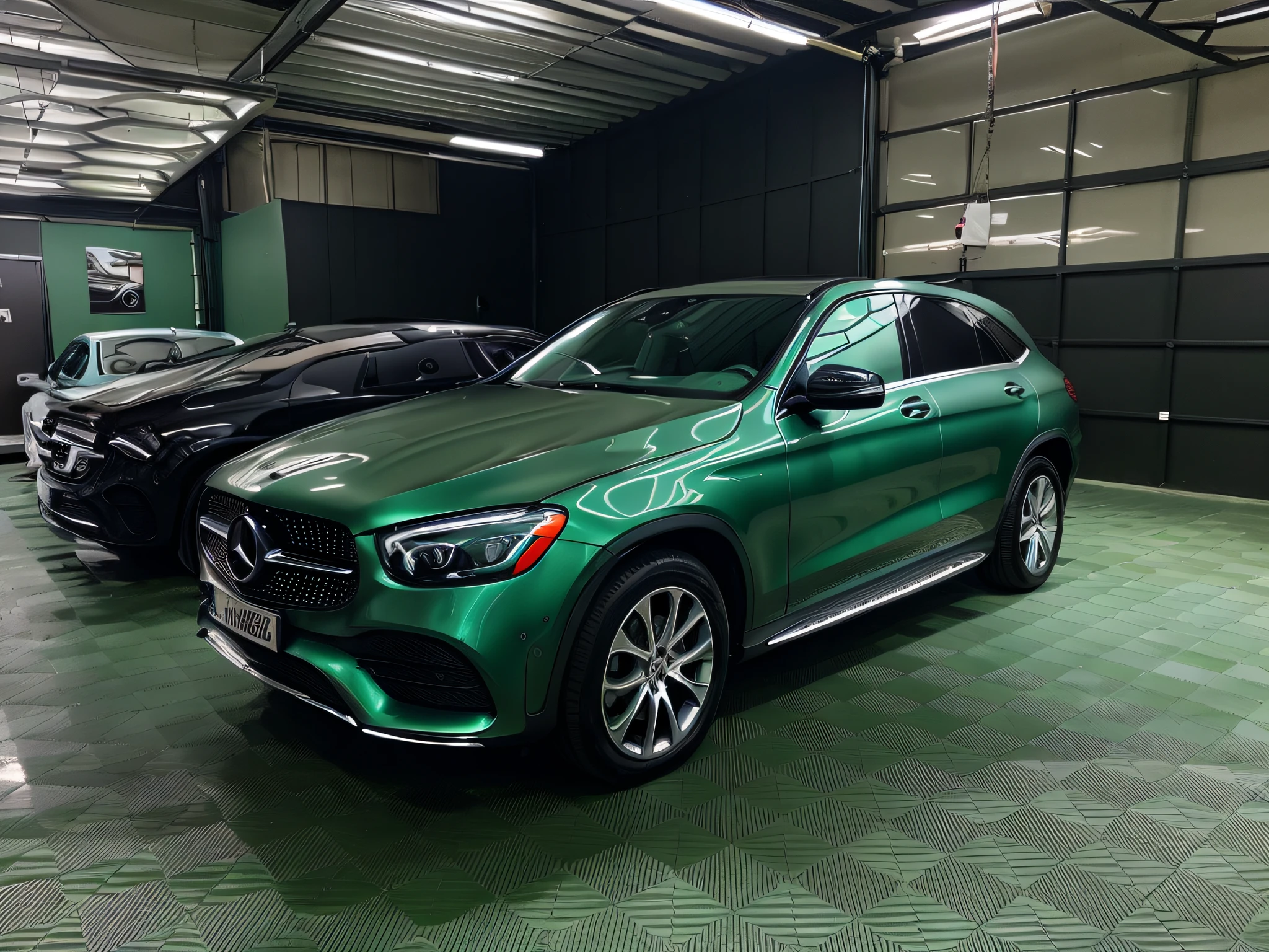 View of a Mercedes SUV parked in a garage in the color British Racing Green, 2 0% pearlescent detail, British Racing Green, Mercedes, Mercedes Benz, Shot on iPhone 14 Pro, Shot on iPhone 1 3 Pro, face full, Shot on iPhone 1 3 Pro, full unit, face, 🤬 🤮 🤮 💕 🎀, front profile
