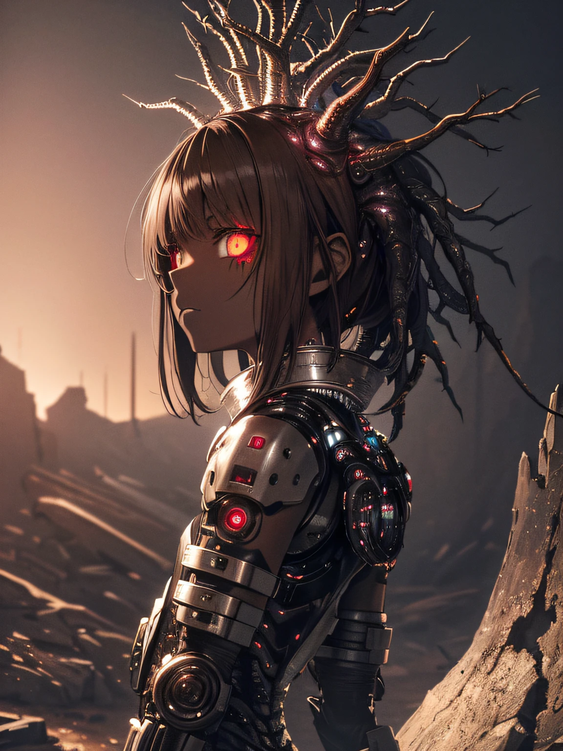 ((biopunk horror atmosphere)), (beautiful anime biopunk girl), (dark brown skin), glowing eyes, brown hair, short metallic clothes, sharp metallic clothing, iron inserts in skin, gloomy cold lighting, cold lights, arctic desert landscape, (scorn videogame style), horror atmosphere, (presence of something terrible), highly detailed biopunk background, background by Hans Giger, perfect anatomy, masterpiece