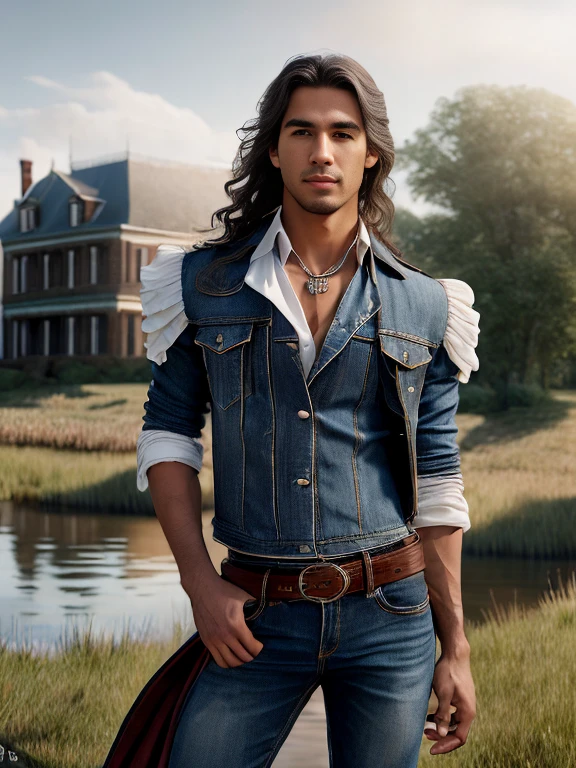 Prompt
n rococo art style, front view, wide shot, superrealistic, superdetailed, a young latino, leadership body language, ridding a white horse, perfect anatomy, young, staring to the viewer, very skinny slim body, detailed muscles, brown hair, hidden smiling, peaceful gaze, nice smile, wearing white shirt, metal blue jacket, white pants, and brown boots, masculine look, a plantation house behind, river, cotton