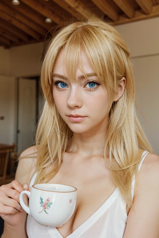 Girl, anime style, blonde hair, very defined eyes, beautiful, soft lines, blue eyes, drinking tea