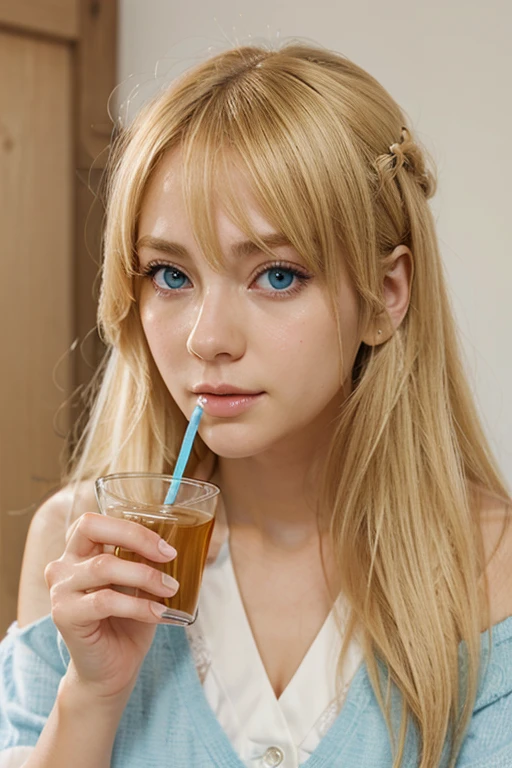 Girl, anime style, blonde hair, very defined eyes, beautiful, soft lines, blue eyes, drinking tea
