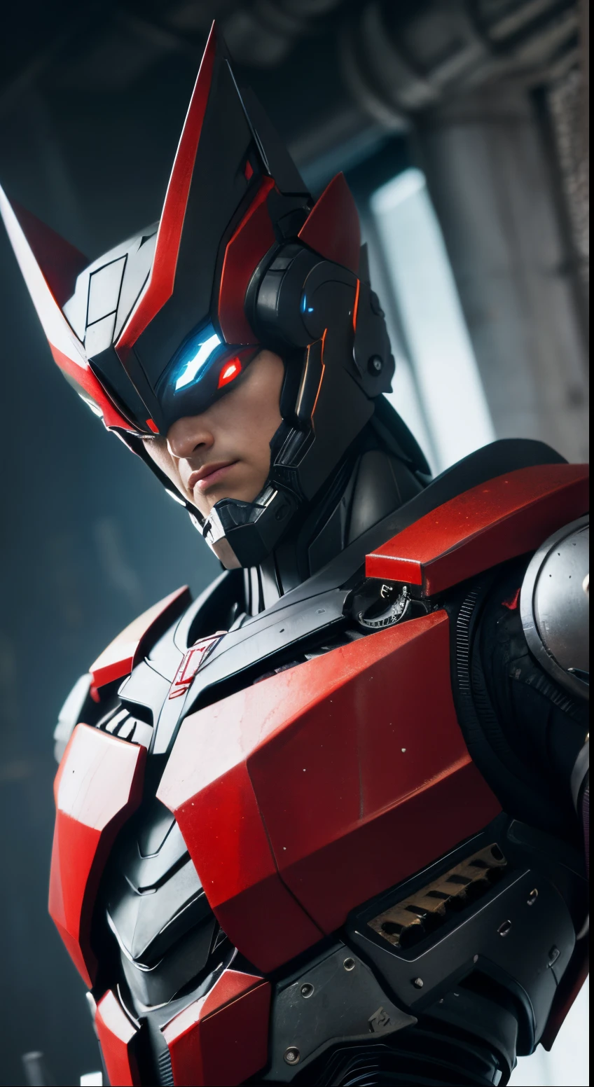 (young boy, long gray hair, red eyes), (The Iron Mantle of Cybertron:1.1), (open torso, iron horns), (Masterpiece, high quality), (vivid colors, sharp focus), (realistic, photo-realistic:1.37), (HDR, studio lighting), (ultra-detailed, extreme detail description), (portraits, concept artists), youthful, futuristic inspiration, striking appearance, intricate design, stoic expression, strong presence,metallic texture, energetic pose, eye-catching composition, powerful and dynamic, immersive atmosphere, majestic and awe-inspiring, seamless integration of organic and mechanical elements, industrial aesthetic, unique character design, mesmerizing visual impact, the blend of strength and vulnerability, impressive craftsmanship
