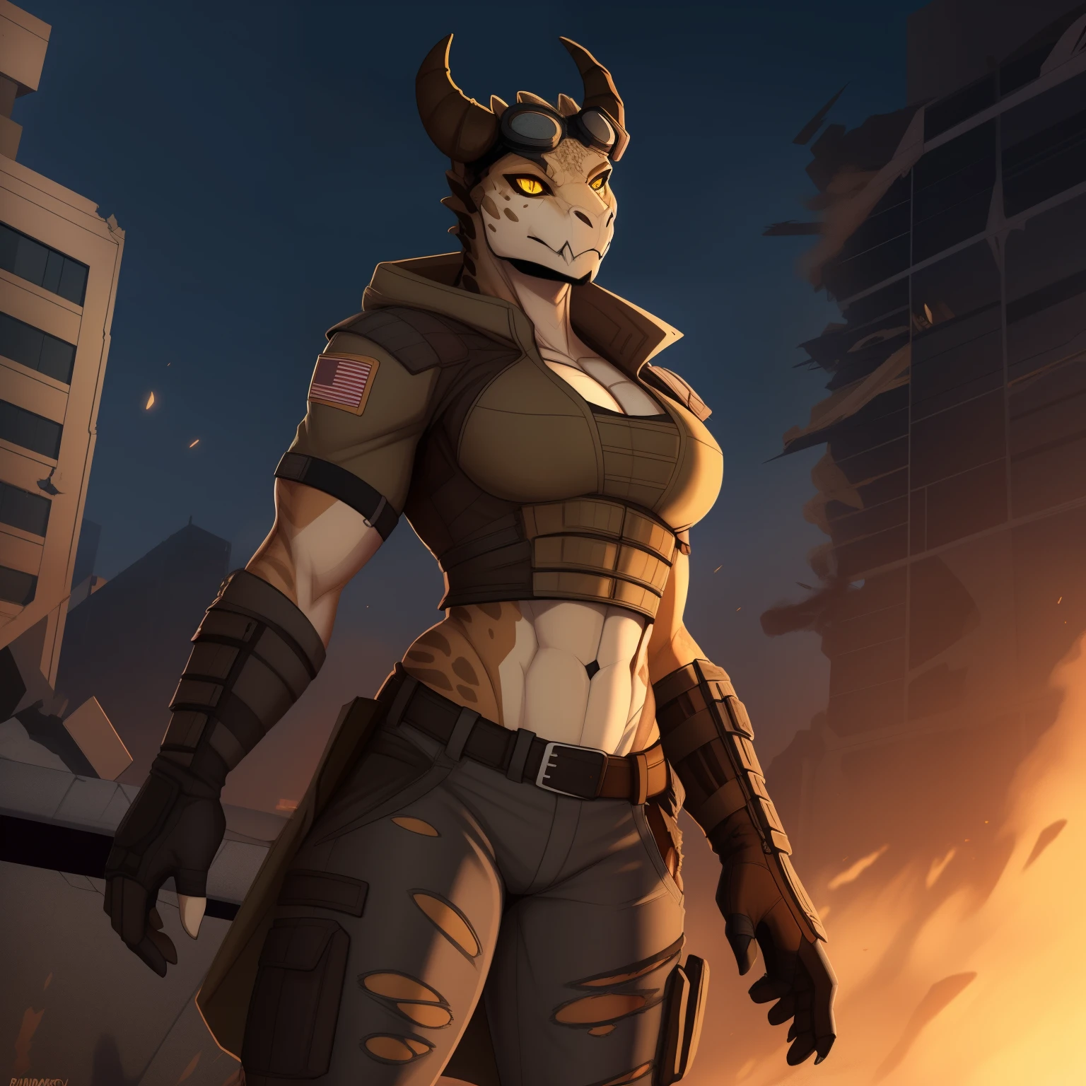 Tall_lanky_muscular_deathclaw female dark_beige_scaled_body spotted_scales yellow_eyes solo Masterpiece best_quality absurdres highly_detailed cleanly_drawn_eyes anthro_only by_claweddrip, by_greasymojo, by_underscore-b, by_runawaystride ripped_cargo_pants torn_leather_longcoat tactical_body_armor fingerless_gloves goggles destroyed_building heavy_dust_storm
