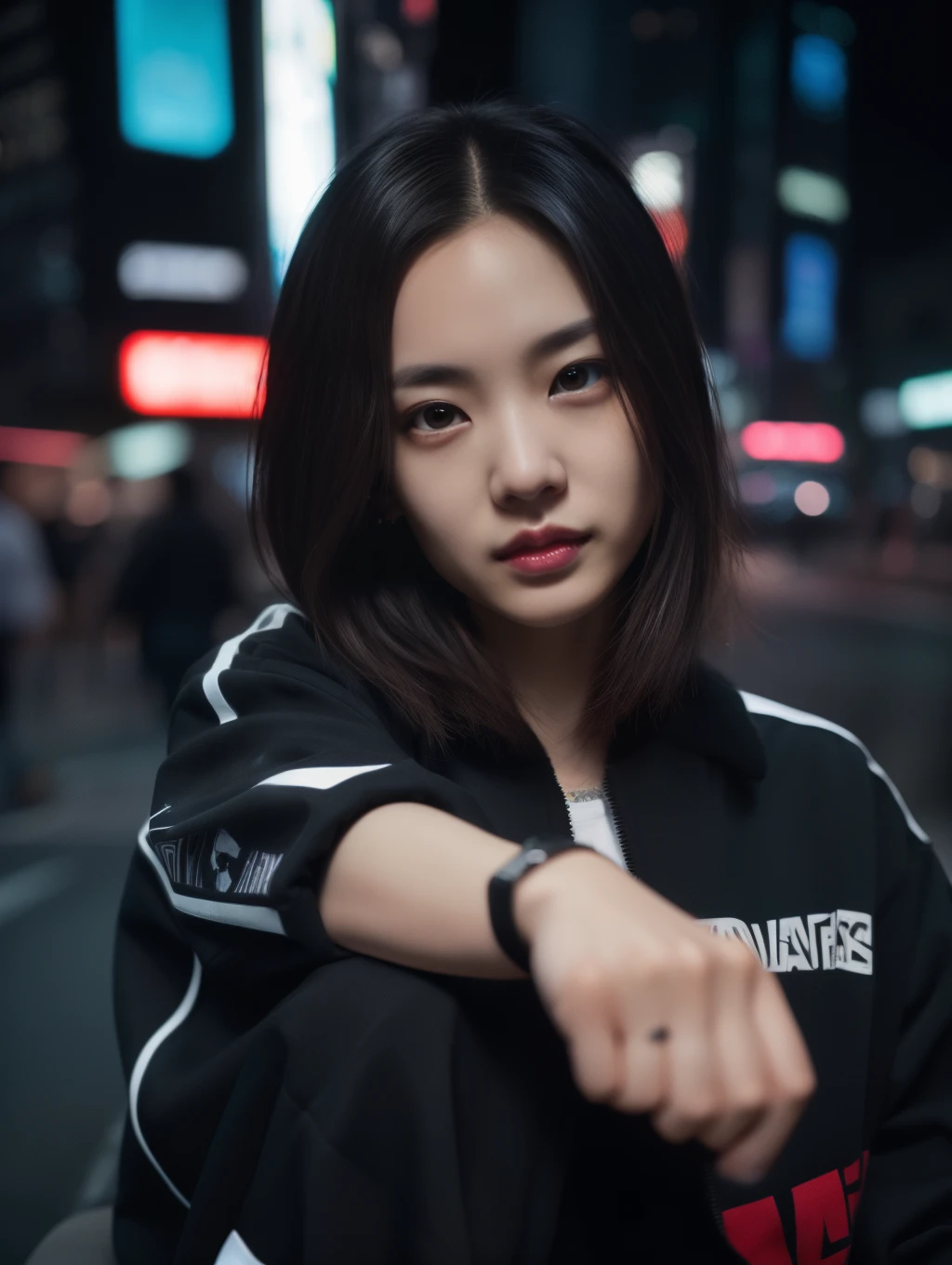 ​masterpiece、hightquality、Soio、beautiful model、Back lighting、beautiful hairl、A detailed eye、À la Fed woman sitting on a city bench with neon sign, Cinematic. leng jun, Anime style mixed with Fujifilm, mid shot portrait, cyberpunk streetwear, Inspired by Liam Wong, inspired by Kanō Naizen, cyberpunk vibe, cyberpunk photo, muted cyberpunk style, Medium shot portrait, hyper-realistic cyberpunk style, wearing cyberpunk streetwear、Powerful Hand Pose、low angles、14mm lens、sigma、F1,4、Depth of subject、8K High Resolution、细致背景、Drawing with enhanced hair details、A detailed face、more hair、Detailed nose、Detailed mouth、Detailed body、stares at the camera、Hair details