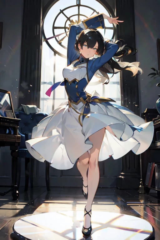 a room、 top-quality, Poses, Correct anatomy, Beautiful body curves, Sketch beech, Daily Draw, vestments, Pencil、black-and-white、monochromes、woman playing a record、Vintage、Wearing a dress