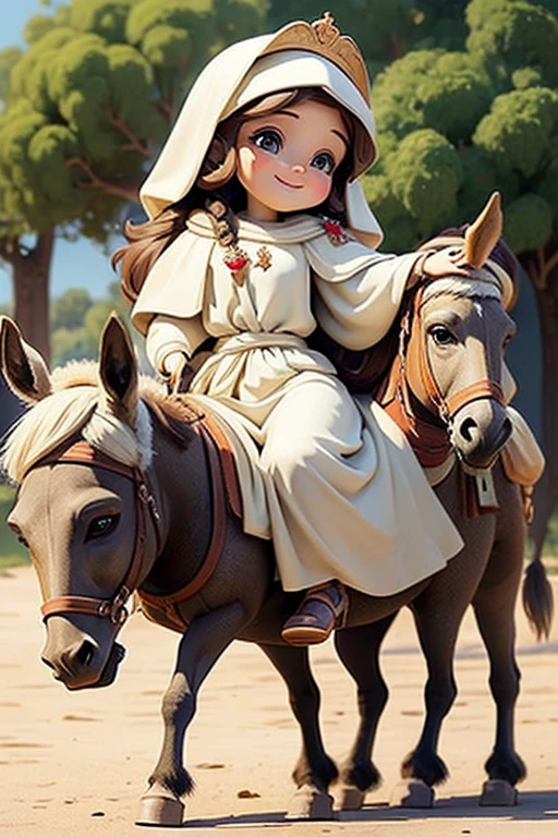 masterpiece, best quality, detailed face, a cartoon of Virgin Mary smiling, riding a donkey, (((full body))).