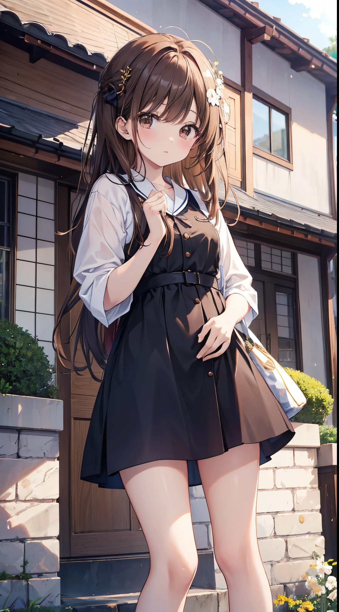 Hi-Res、masterpiece、Chizuru Ichinose、Brown hair、Soio、Female one、outside of house、细致背景、A detailed eye、((Brown-eyed)),Beautiful and perfect legs, Clean and perfect hands