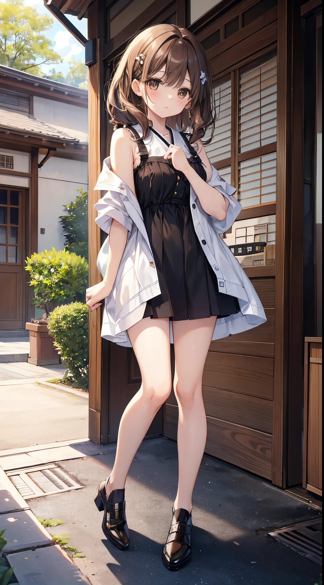 Hi-Res、masterpiece、Chizuru Ichinose、Brown hair、Soio、Female one、outside of house、细致背景、A detailed eye、((Brown-eyed)),Beautiful and perfect legs, Clean and perfect hands