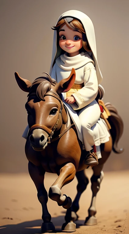masterpiece, best quality, detailed face, a cartoon of Virgin Mary smiling, riding a donkey, (((full body))).