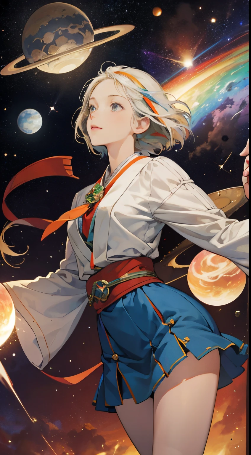 Anton Pieck, Ul de Rico, Margaret Tarrant, Surreal, mysterious, bizarre, fantastical, fantasy, sci-fi, Japanese anime, Christmas parade through outer space, leading the way is a beautiful high school girl in a miniskirt, perfect voluminous body, a nebula, a group of planets, a spaceship, a rainbow, detailed masterpiece