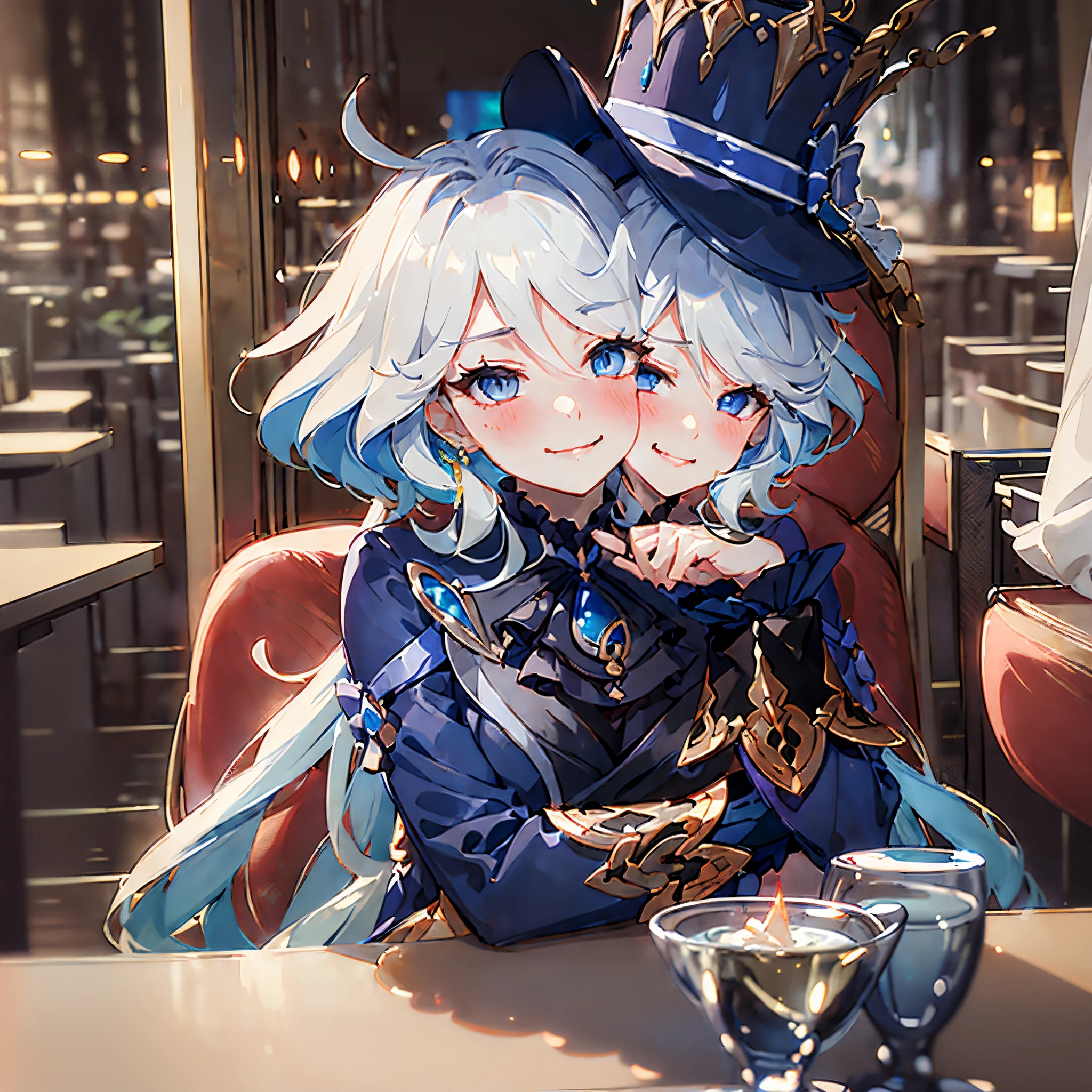 (3heads:1.8), (furina:1.5), Surrealism, 8k, super detail, hydro aarchon, thicc thighs, sitting, bratty face, smug, beautiful eyes, genshin, masterpiece, best quality, ultra-detailed, illustration, epic lighting, cinematic composition, isometric, 1girl, solo, cute,enchanting gaze, captivating pose, indoors, looking at viewer, blush, seductive smile, closed mouth, bratty, smug(8k:1.1), 20 years old, hat flower, blue rose, tilted headwear