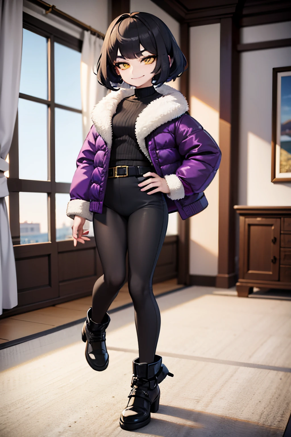 young man, bob haircut, black hair, purple coat, black pants, yellow eyes, In a room, full body, smiling, 4k, master part, full body art,