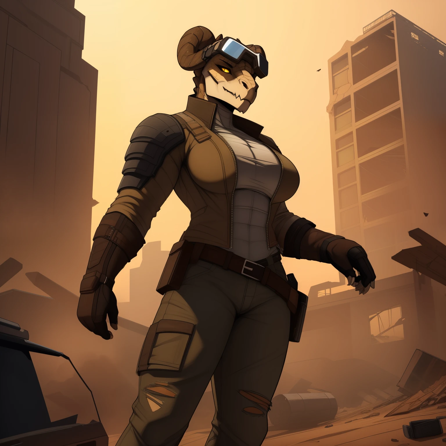 Tall_lanky_muscular_deathclaw female dark_beige_scaled_body spotted_scales yellow_eyes solo Masterpiece best_quality absurdres highly_detailed cleanly_drawn_eyes anthro_only by_claweddrip, by_greasymojo, by_underscore-b, by_runawaystride ripped_cargo_pants torn_leather_longcoat tactical_body_armor fingerless_gloves goggles destroyed_building heavy_dust_storm