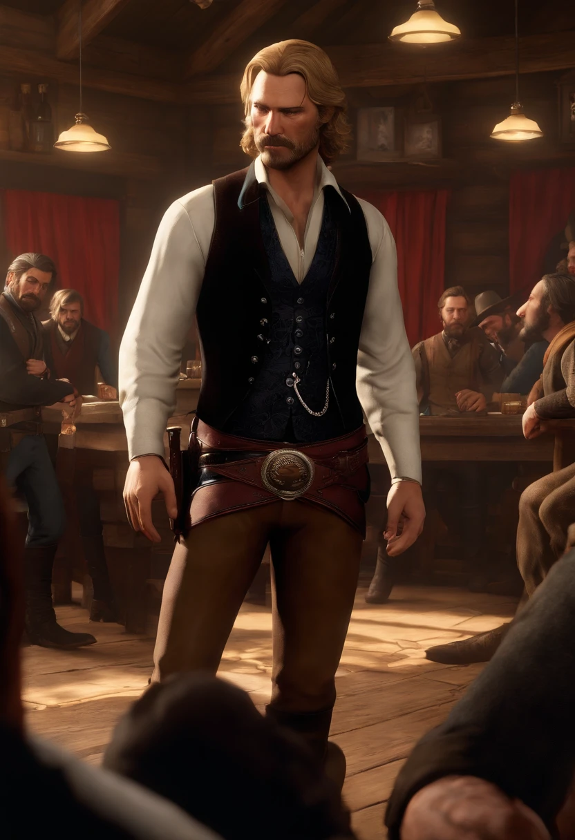 A photo of a crowded saloon, with people drinking and gambling. There are fights breaking out in the corner and money flying through the air.,Red Dead Redemption 2,Micah has shoulder-length blond hair, along with a thick horseshoe mustache and side-whiskers. Micah is slightly portly and often wears an undone black leather coat, a red or black shirt accompanied by a red vest, a blue neckerchief, beige trousers, and a white hat.