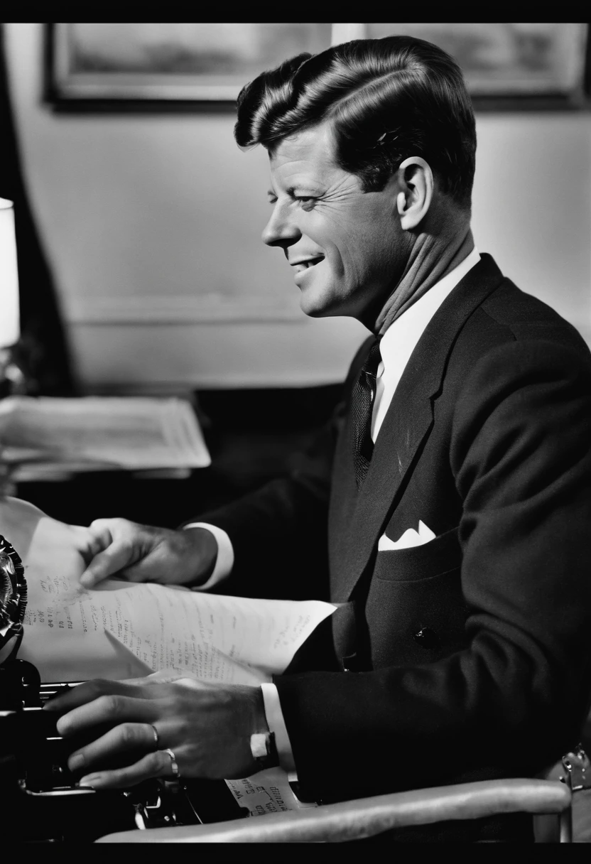 A close-up photo of a typewriter with a sheet of paper, filled with words,original,John F. Kennedy, the 35th President of the United States, was renowned for his handsome, charismatic appearance, with his wavy hair, engaging smile, and a sense of style that exuded confidence and charm. His tailored suits and poised demeanor contributed to a public image of youthful vigor and sophistication.