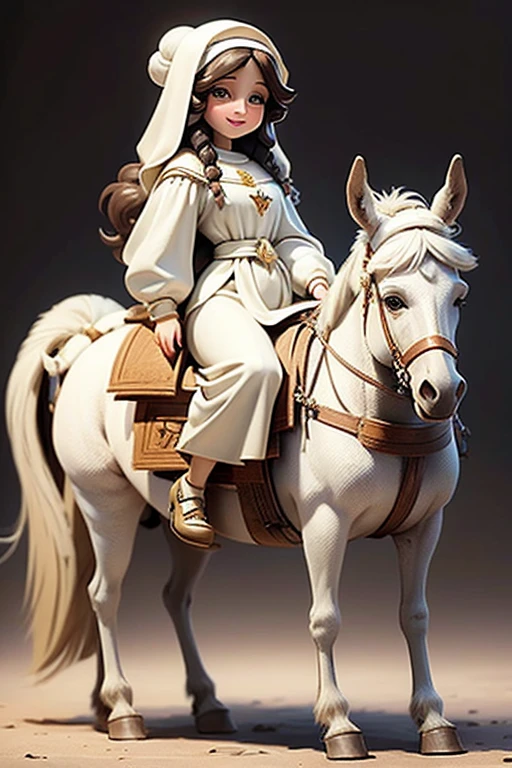 masterpiece, best quality, detailed face, a cartoon of Virgin Mary smiling, riding a donkey, (((full body))).